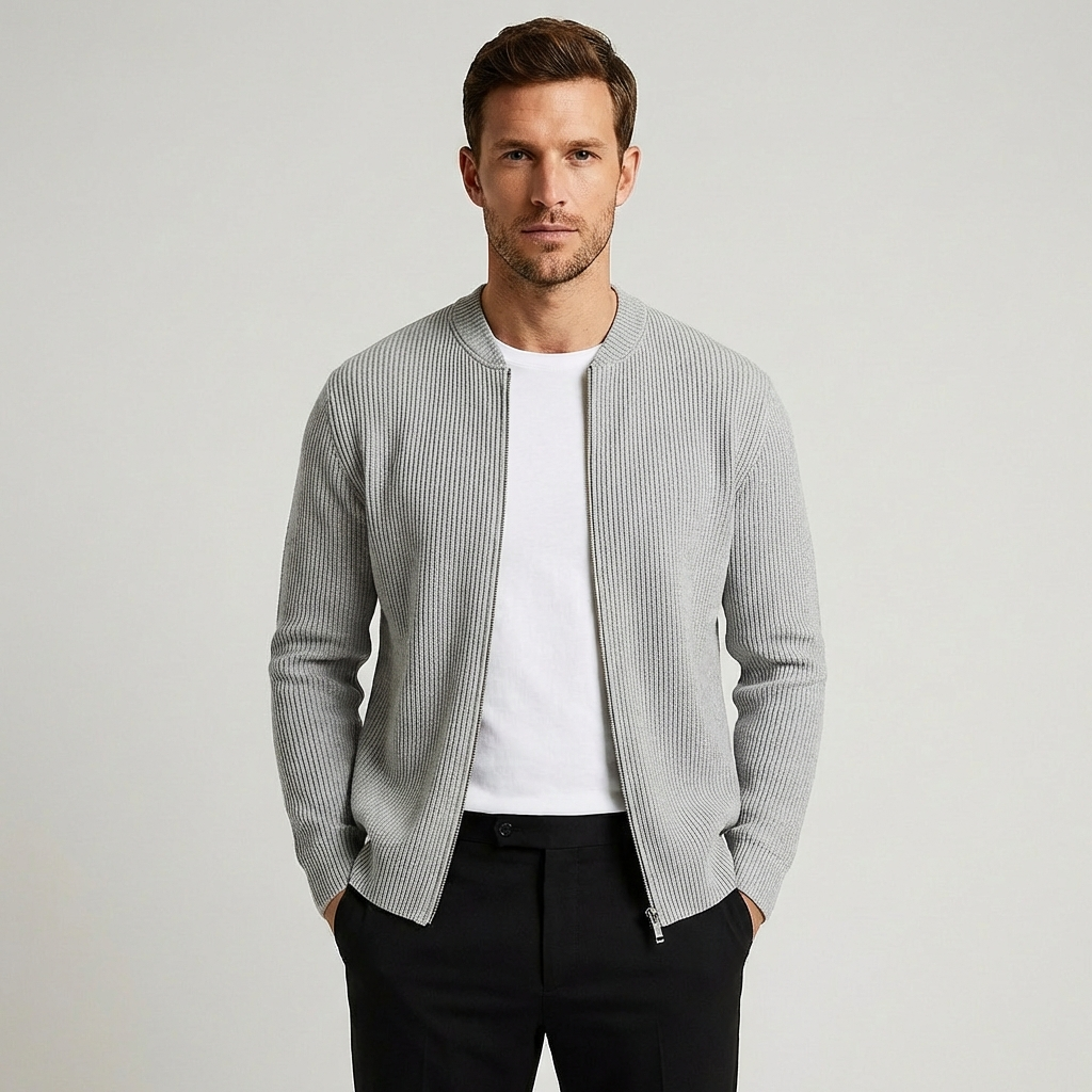 Men's ribbed knit cardigan with full front zipper