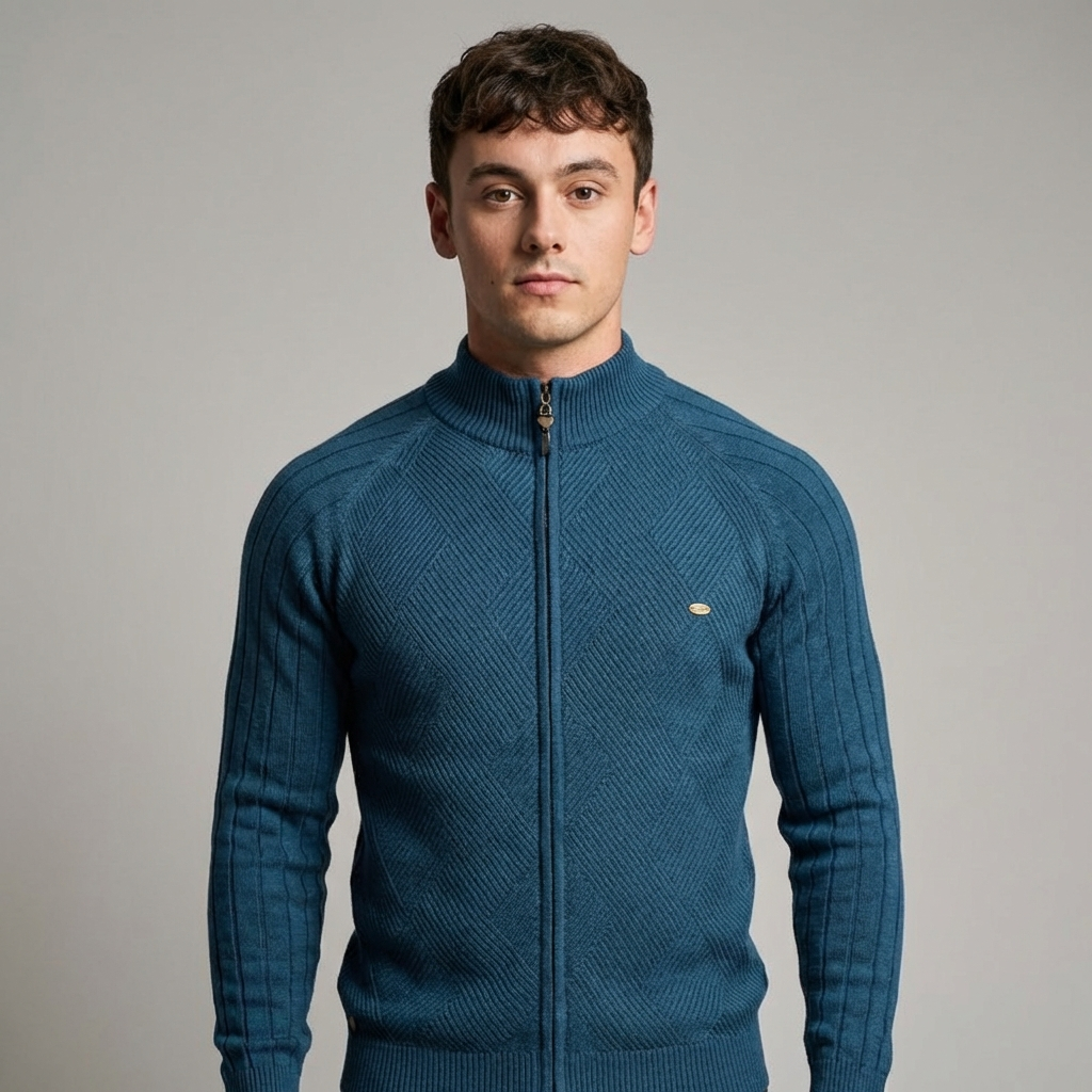Men's textured knitted zip cardigan with stand collar