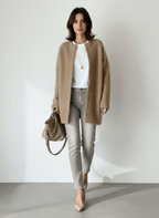 Women's long-sleeve crew neck button-front cardigan with hip-length fit