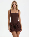 Women's sleeveless square-neck mini dress with fitted bodice and ruched skirt