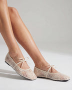 Women's cream lace ballet flats with round toe and tie strap
