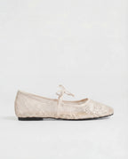 Women's cream lace ballet flats with round toe and tie strap