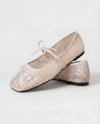 Women's cream lace ballet flats with round toe and tie strap