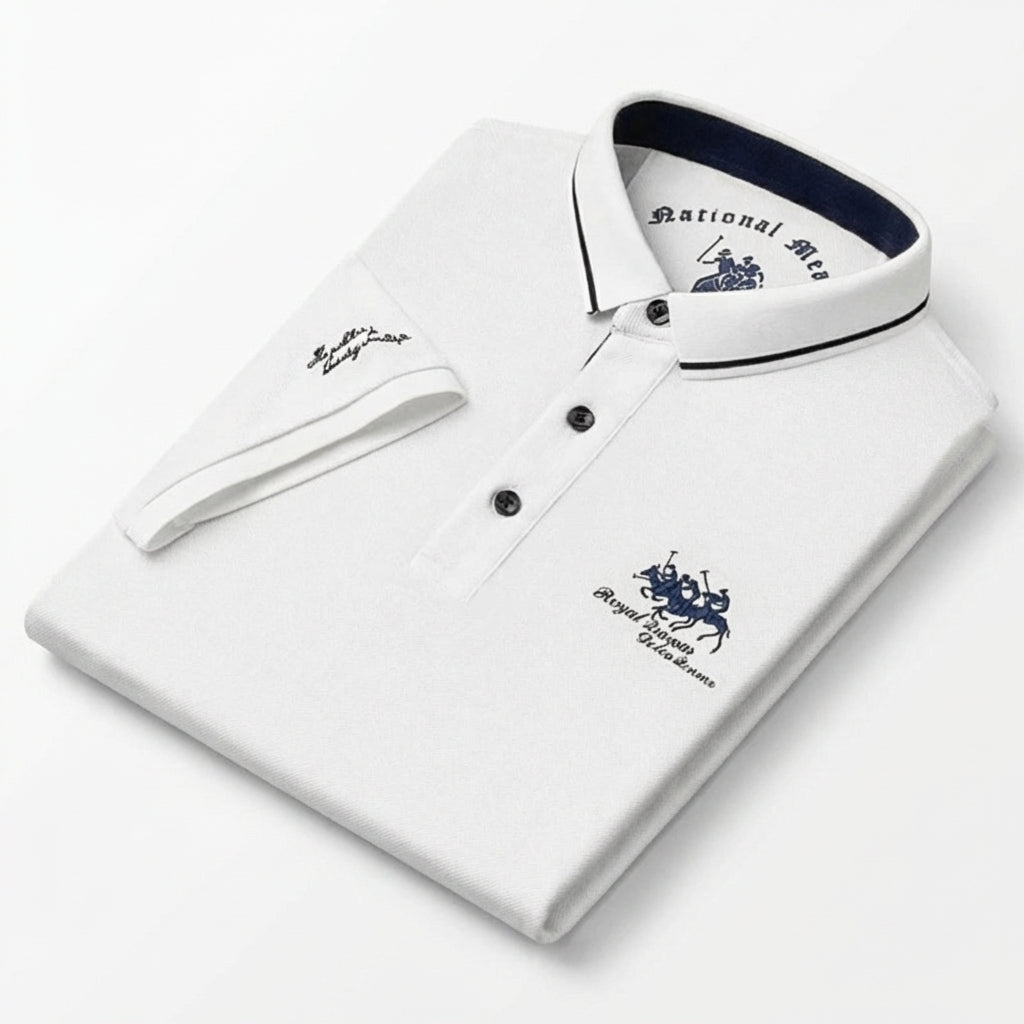 Men's short-sleeved polo shirt with contrast piped collar and embroidered chest and sleeve details
