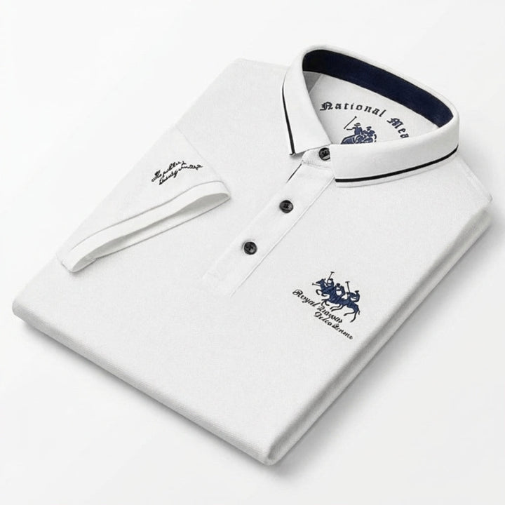 Men's short-sleeved polo shirt with contrast piped collar and embroidered chest and sleeve details