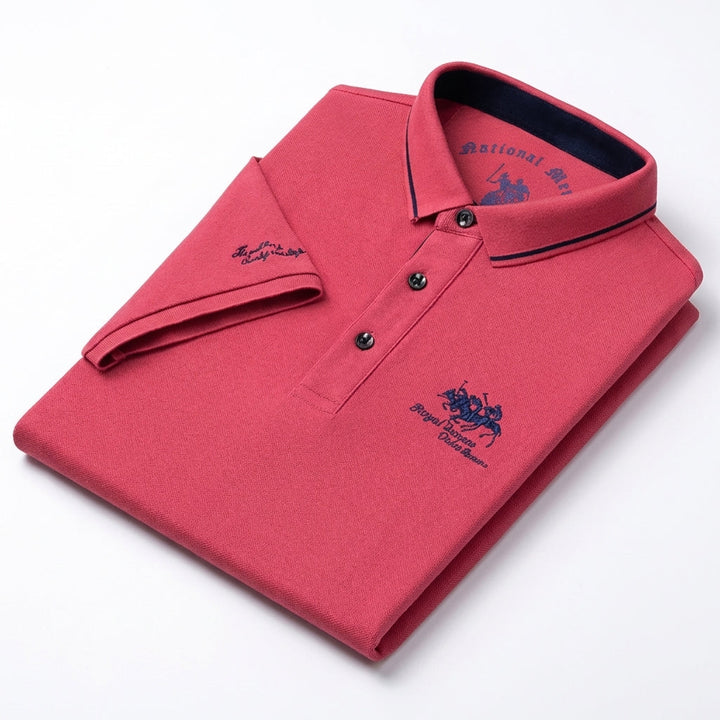 Men's short-sleeved polo shirt with contrast piped collar and embroidered chest and sleeve details