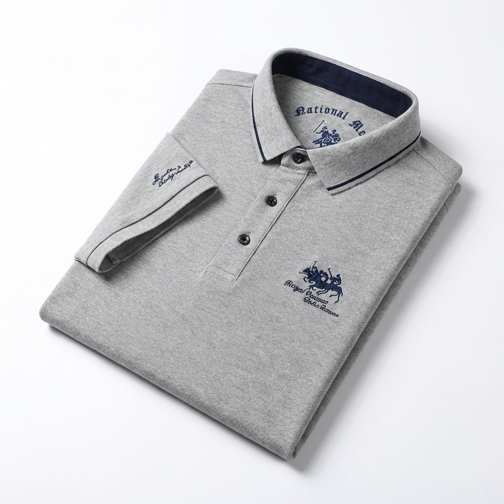 Men's short-sleeved polo shirt with contrast piped collar and embroidered chest and sleeve details