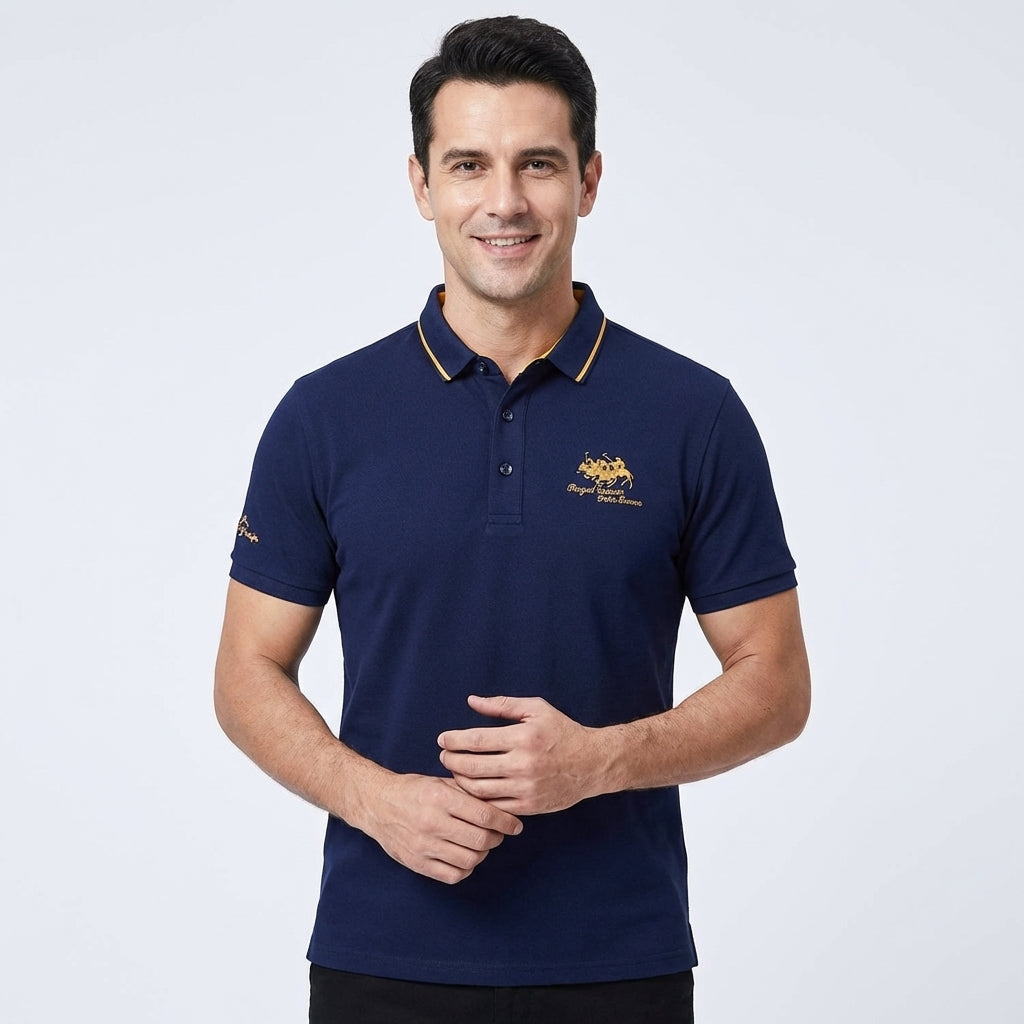 Men's short-sleeved polo shirt with contrast piped collar and embroidered chest and sleeve details