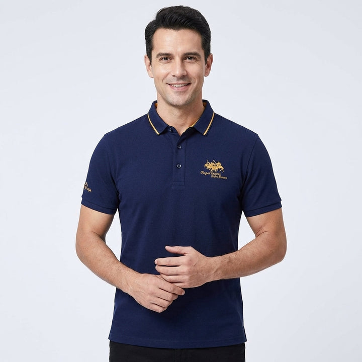 Men's short-sleeved polo shirt with contrast piped collar and embroidered chest and sleeve details