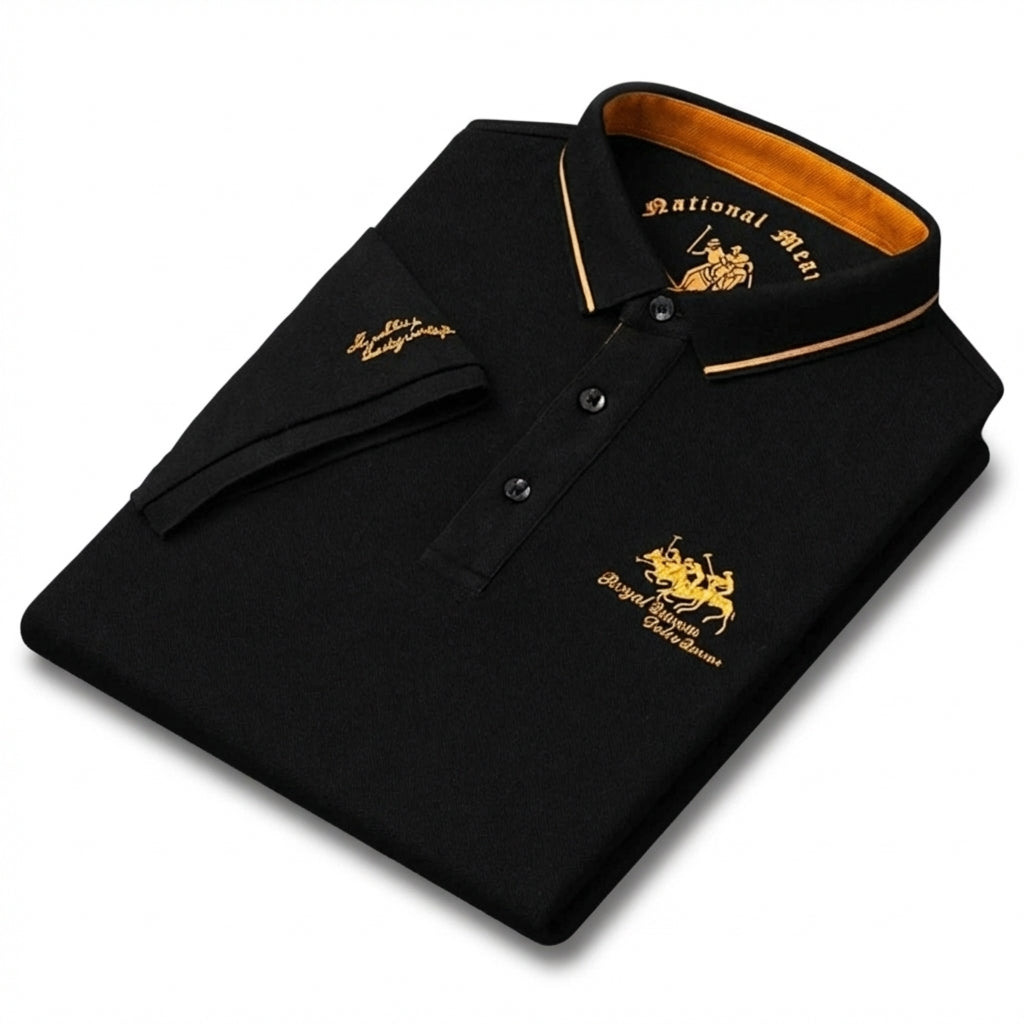 Men's short-sleeved polo shirt with contrast piped collar and embroidered chest and sleeve details