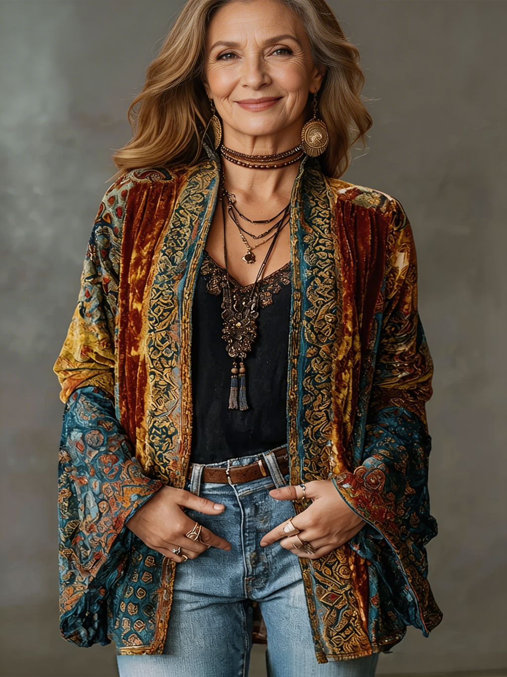Women's boho embroidered kimono cardigan with wide sleeves