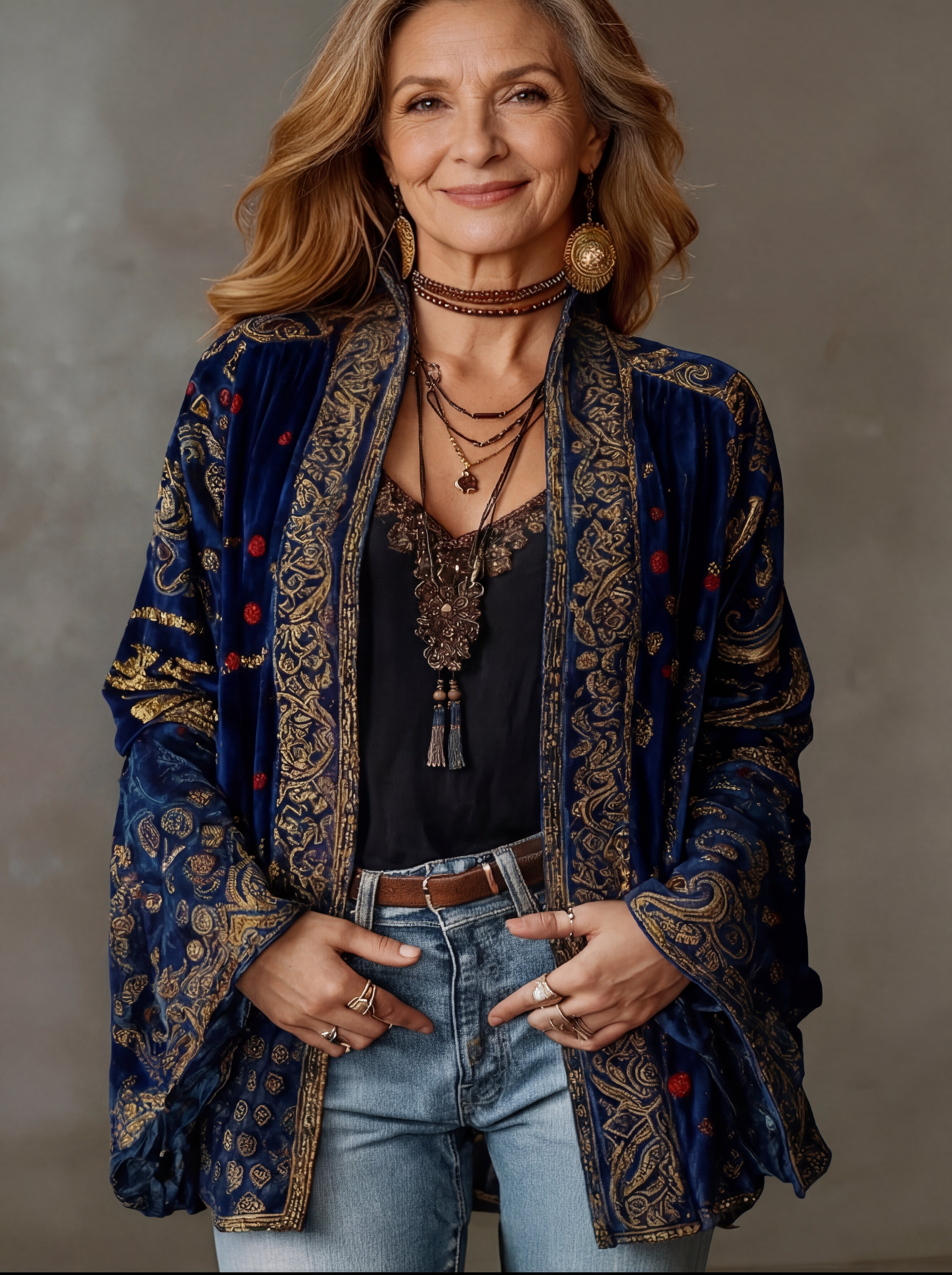Women's boho embroidered kimono cardigan with wide sleeves