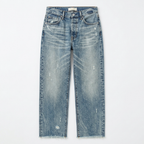 Women's cropped straight leg jeans with distressed details and frayed hems