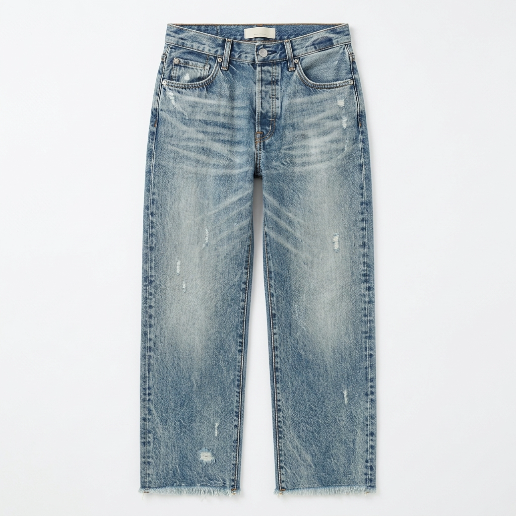 Women's cropped straight leg jeans with distressed details and frayed hems