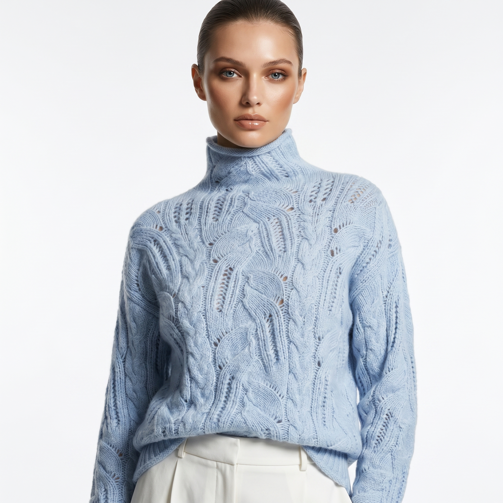 Women's textured cable knit turtleneck sweater with long sleeves