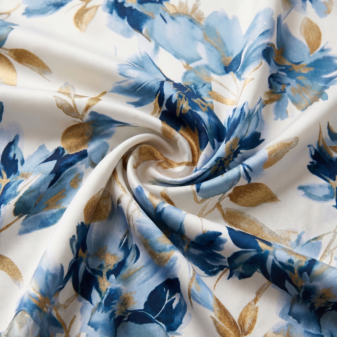 Women's blue floral wrap midi dress with V-neck and short sleeves