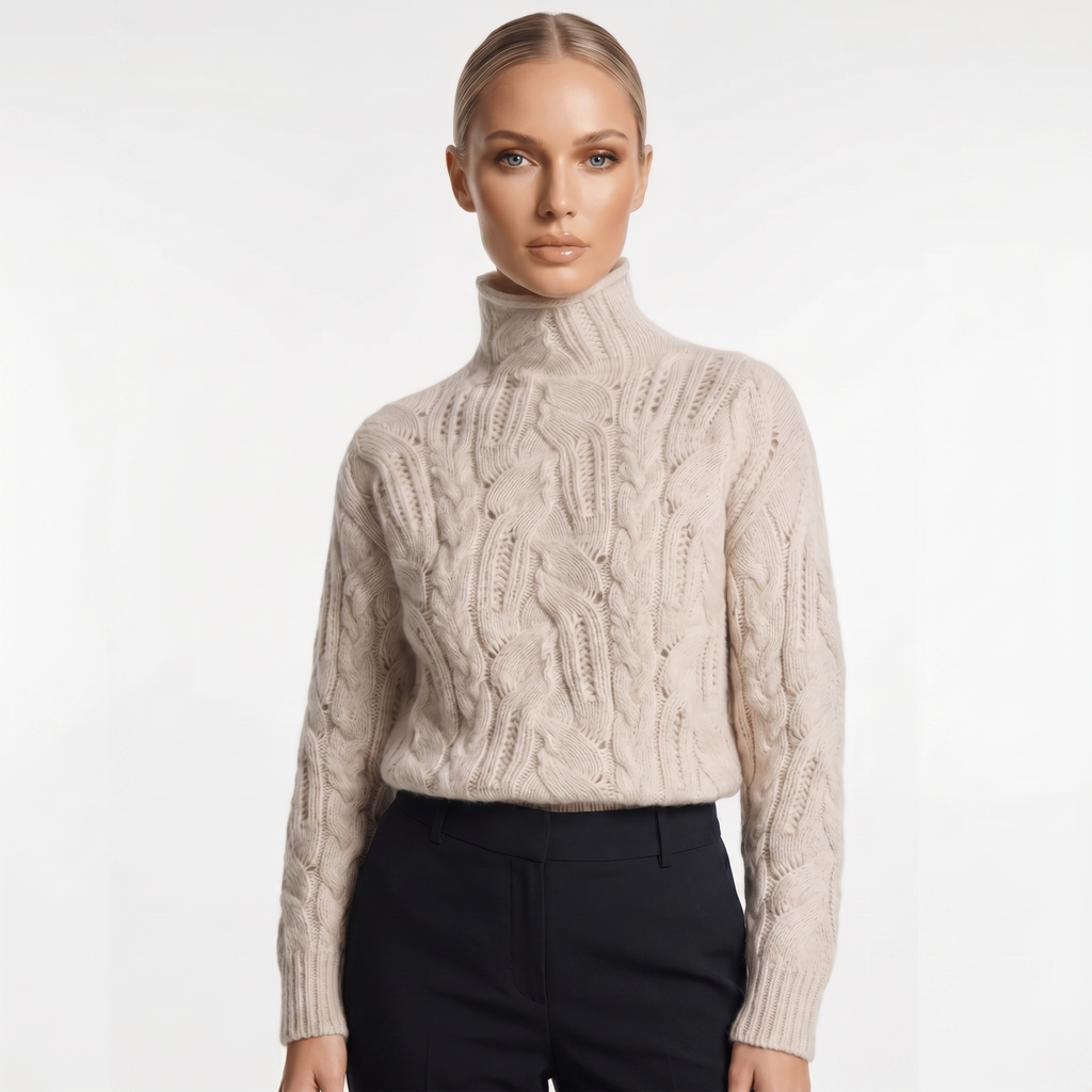 Women's textured cable knit turtleneck sweater with long sleeves