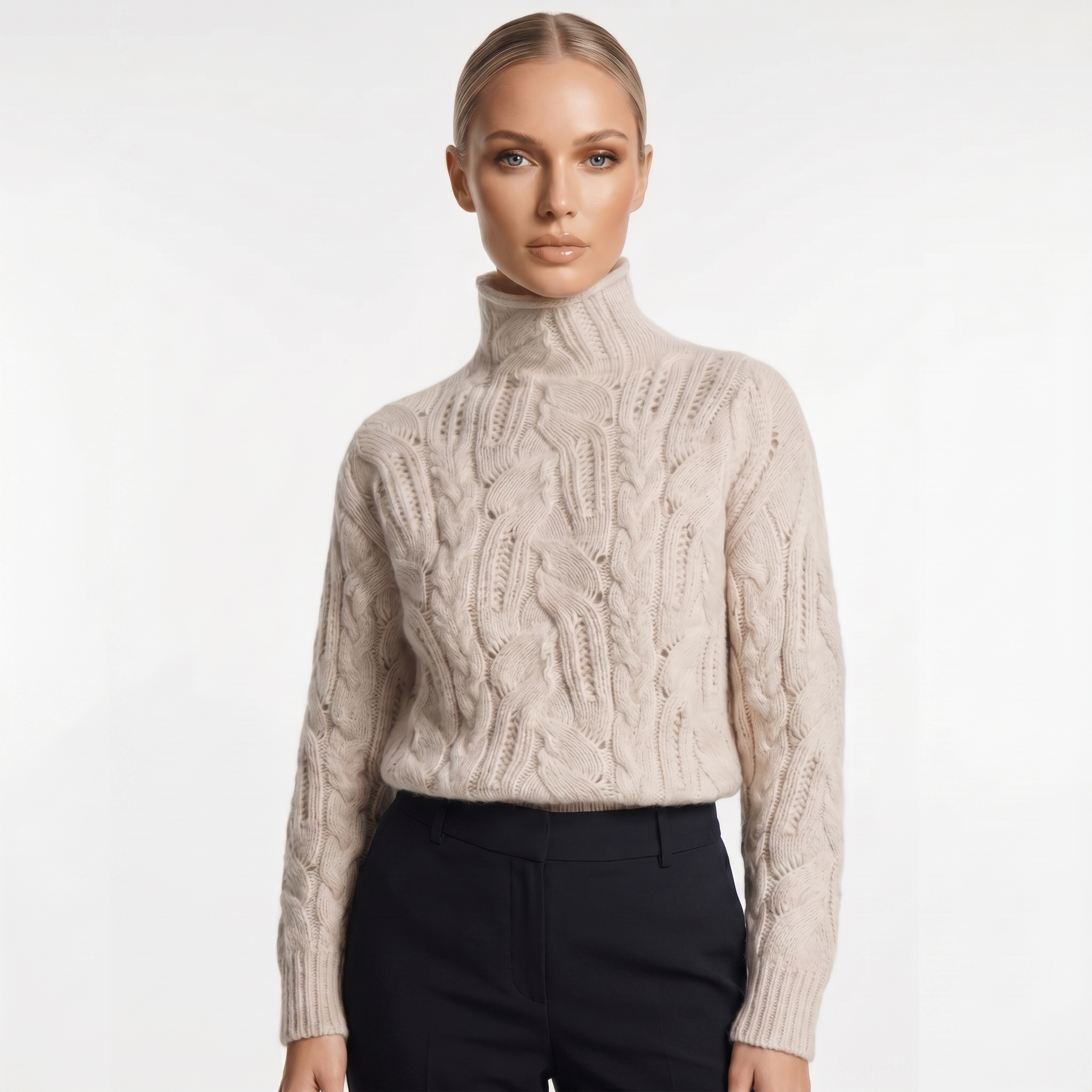 Women's textured cable knit turtleneck sweater with long sleeves