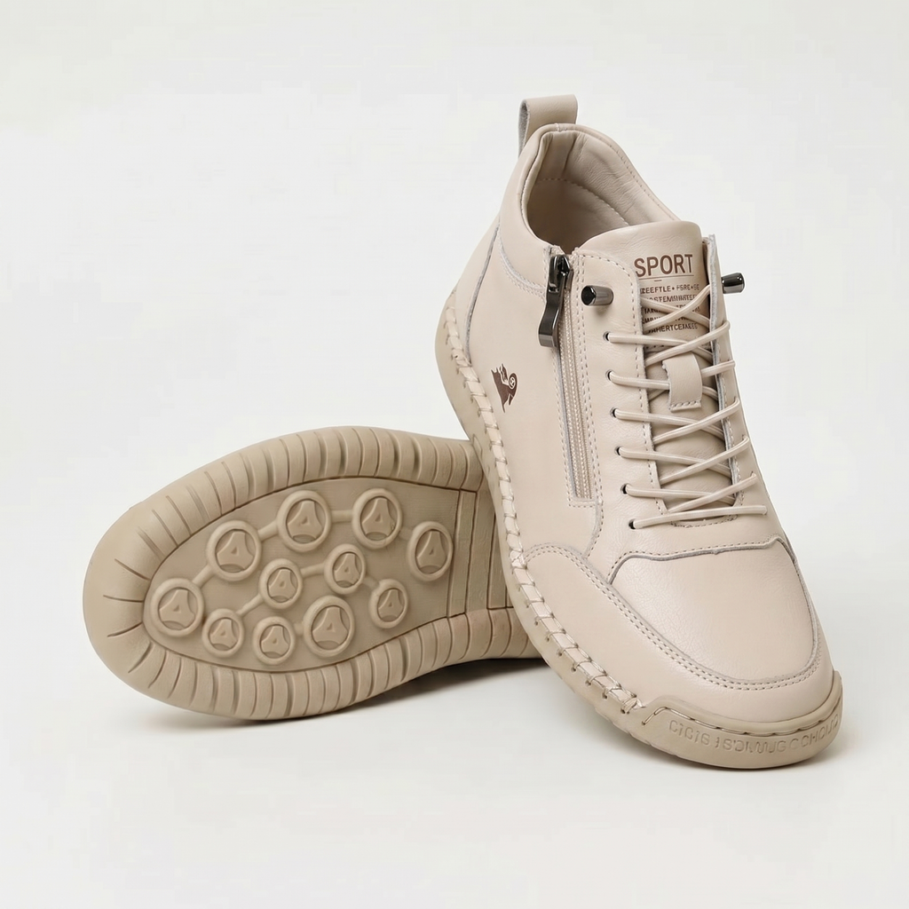 Women's plain lace-up trainers with side zip, round toe and flat textured sole