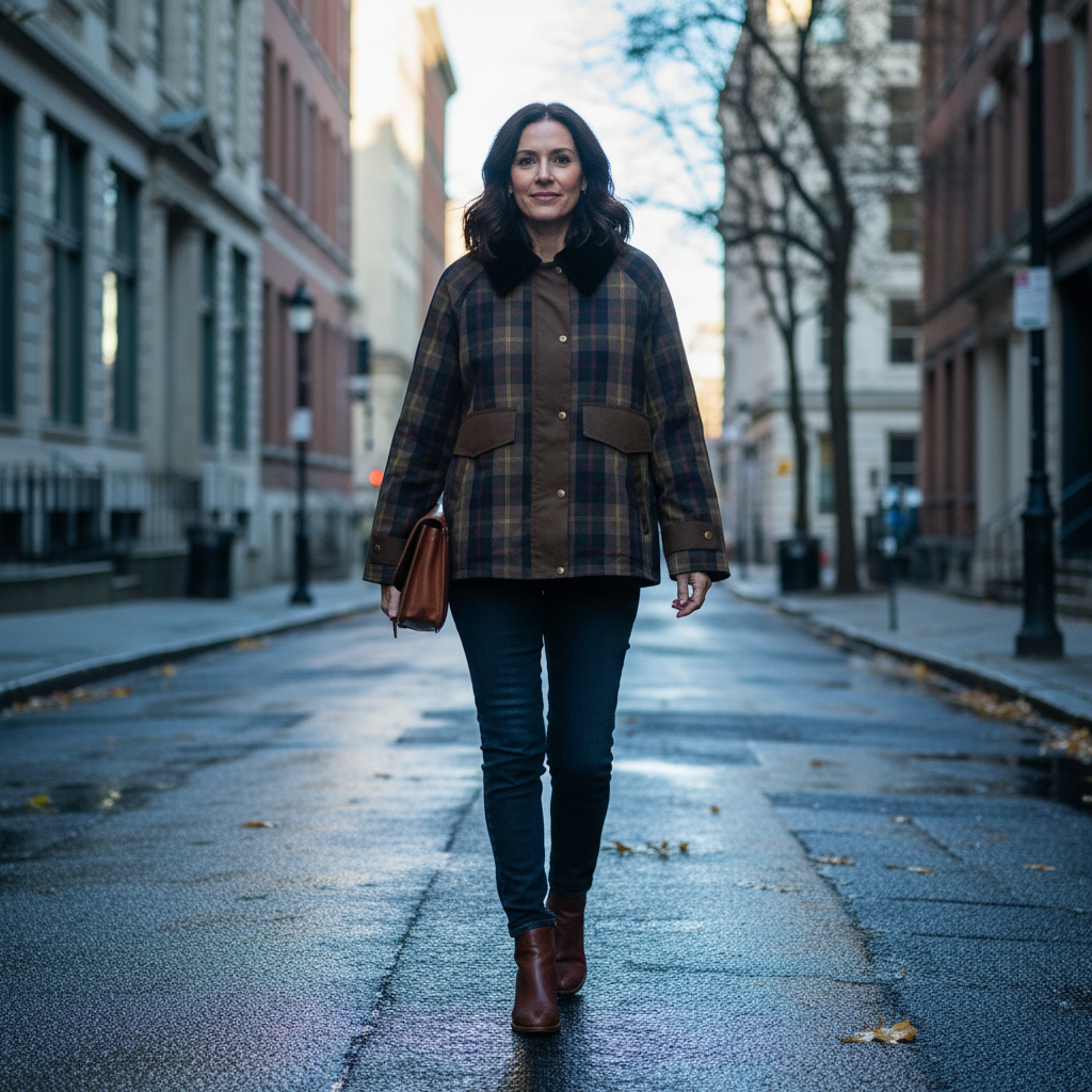 Women's plaid jacket with black faux fur collar and flap pockets