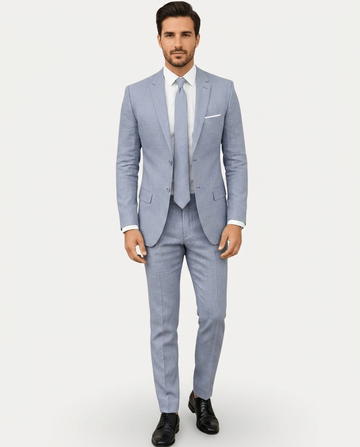 Men's slim fit two-button suit with notched lapels and matching trousers