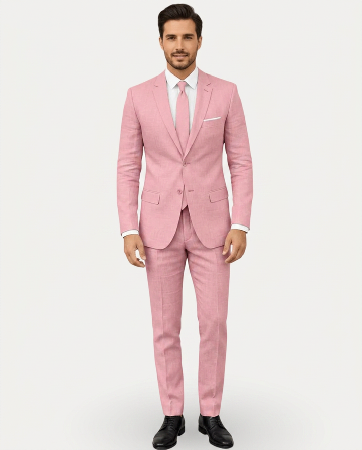 Men's slim fit two-button suit with notched lapels and matching trousers