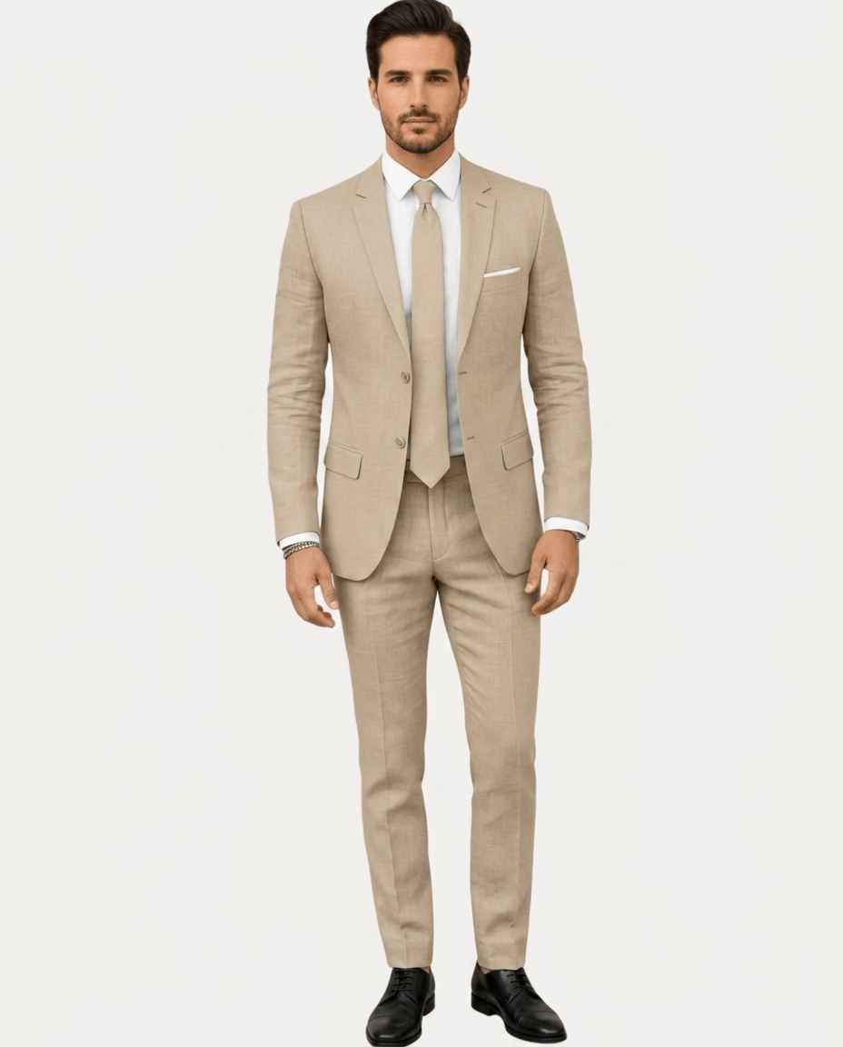 Men's slim fit two-button suit with notched lapels and matching trousers