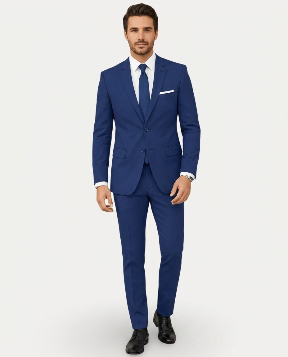 Men's slim fit two-button suit with notched lapels and matching trousers