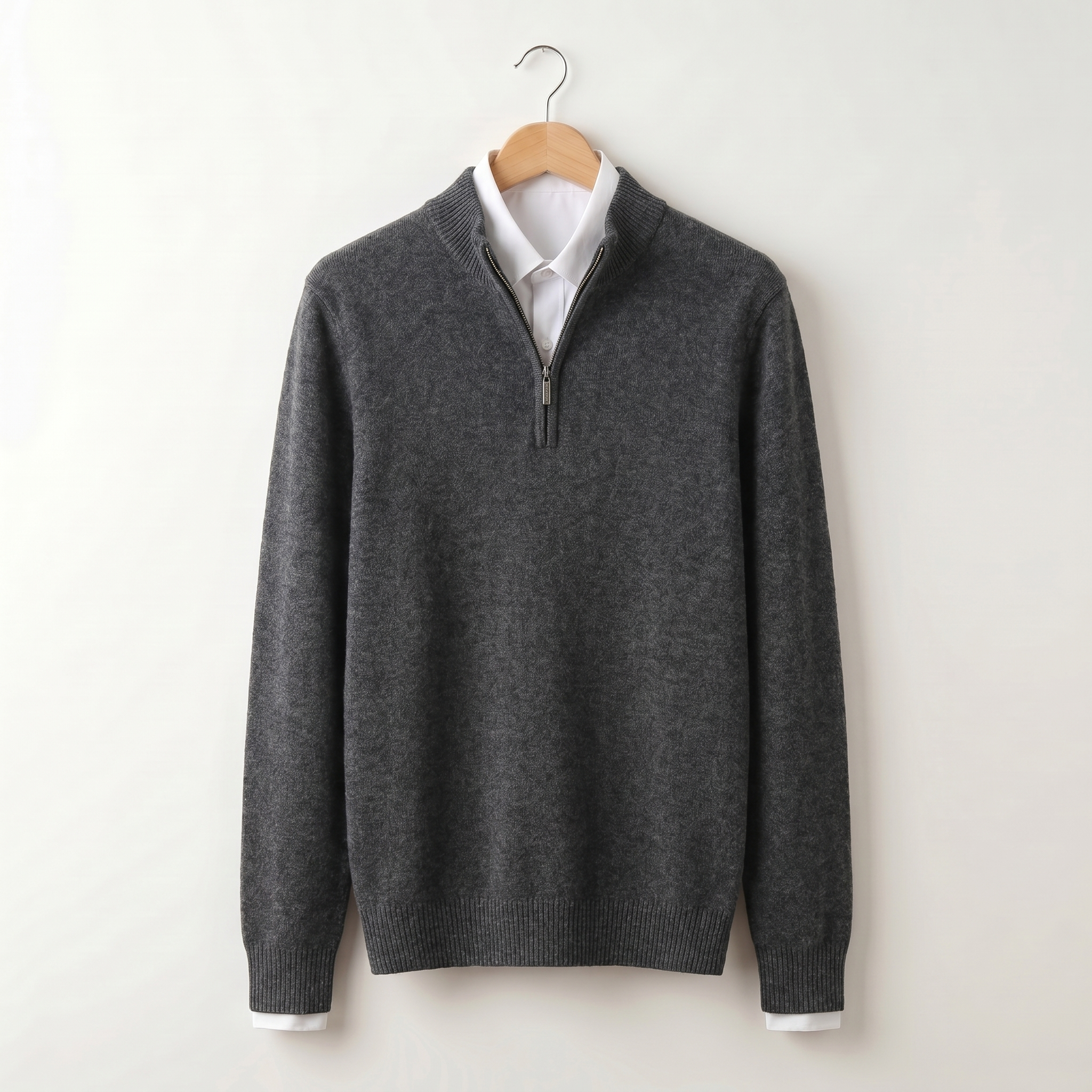 Men's quarter-zip sweater with ribbed stand collar