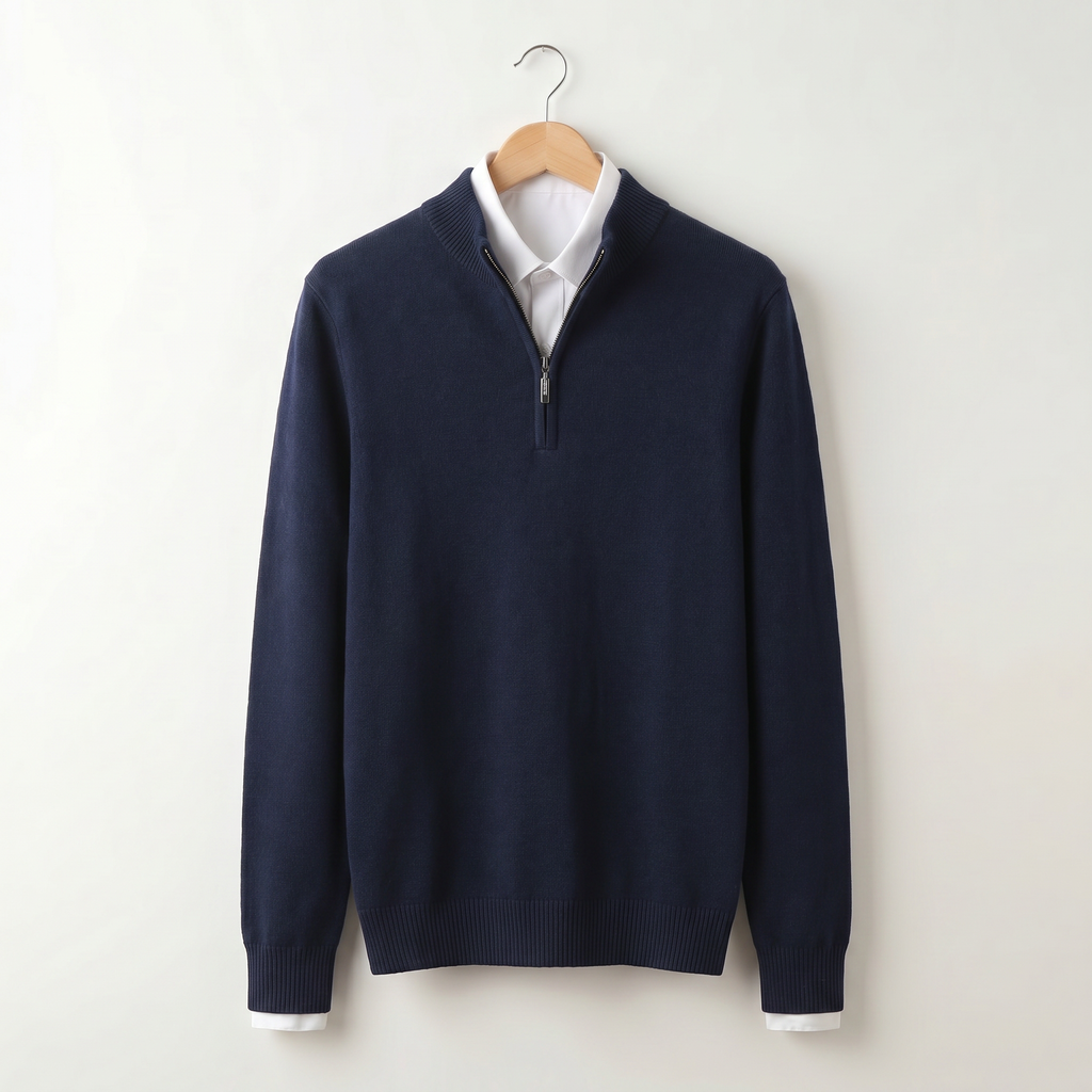 Men's quarter-zip sweater with ribbed stand collar