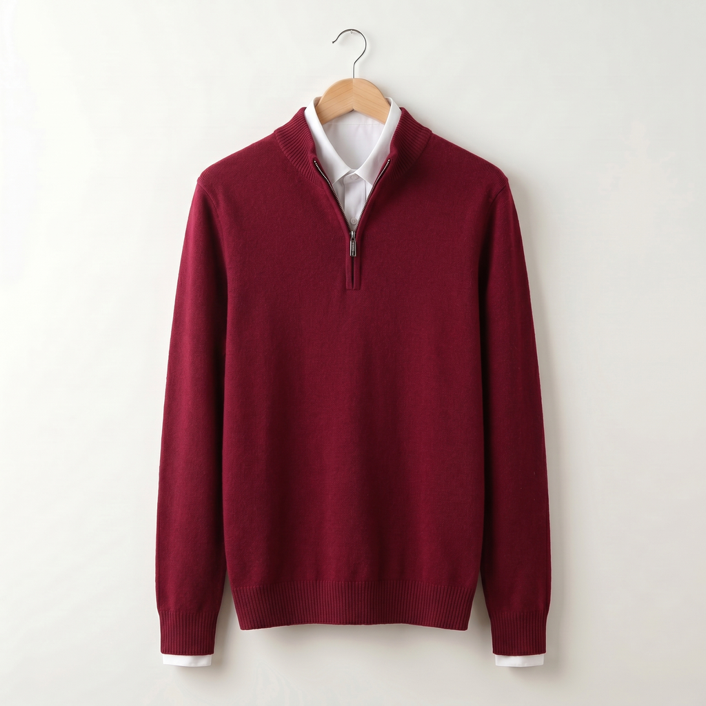 Men's quarter-zip sweater with ribbed stand collar