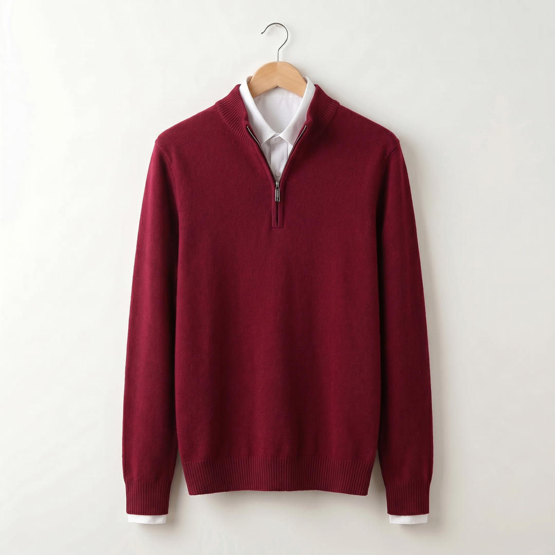 Men's quarter-zip sweater with ribbed stand collar
