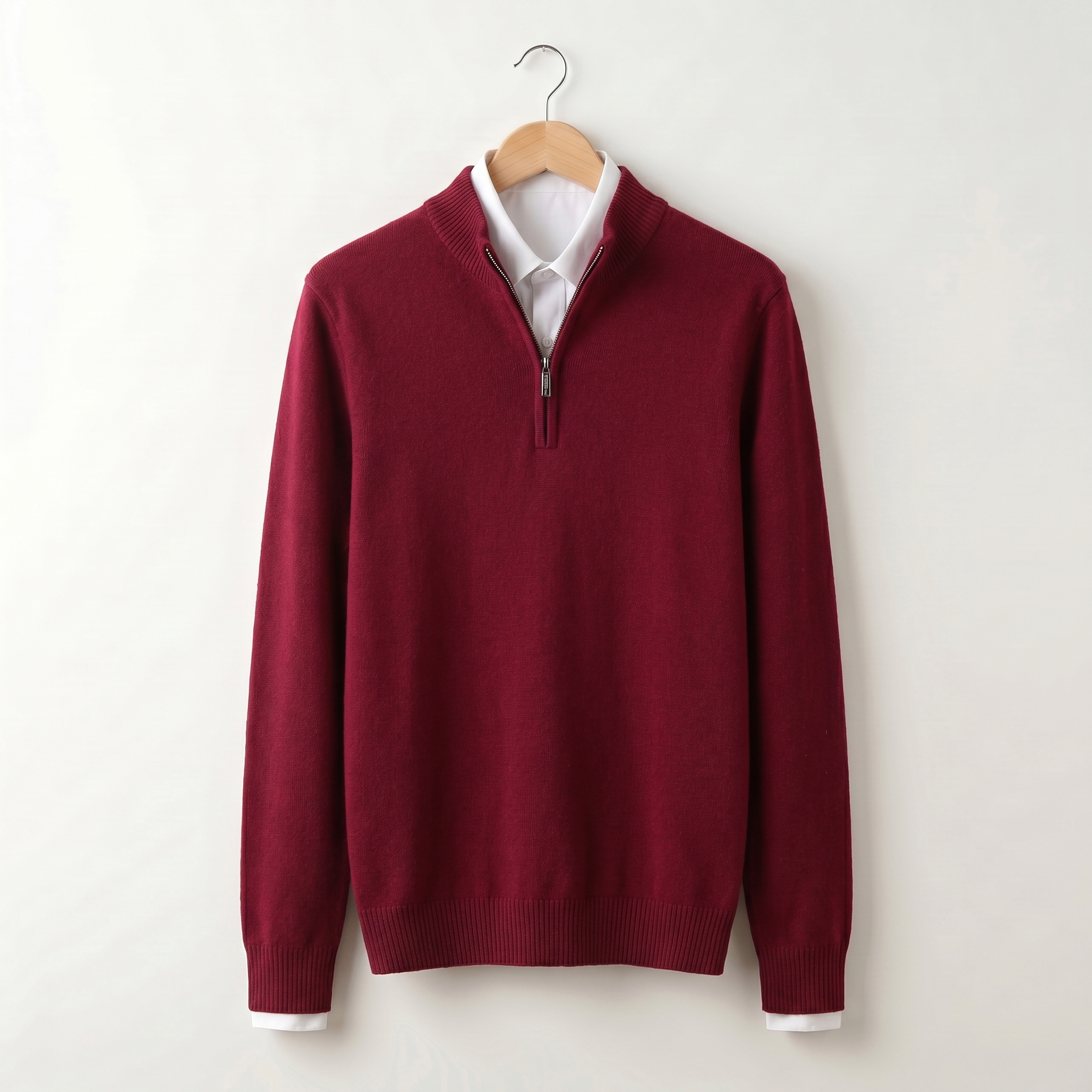 Men's quarter-zip sweater with ribbed stand collar
