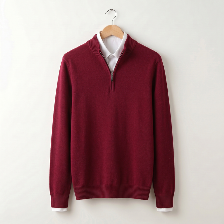 Men's quarter-zip sweater with ribbed stand collar
