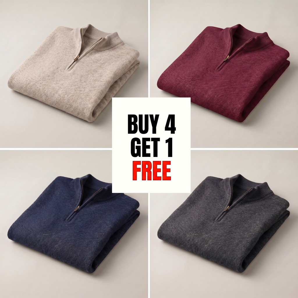 Men's quarter-zip sweater with ribbed stand collar