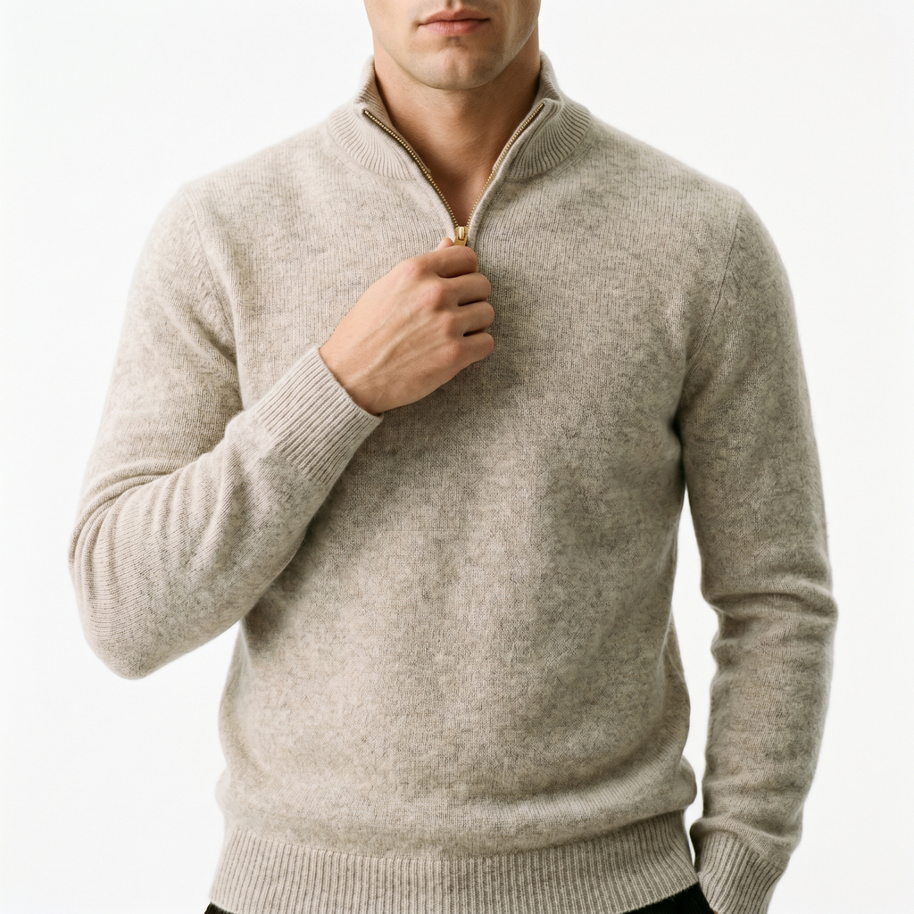 Men's quarter-zip sweater with ribbed stand collar