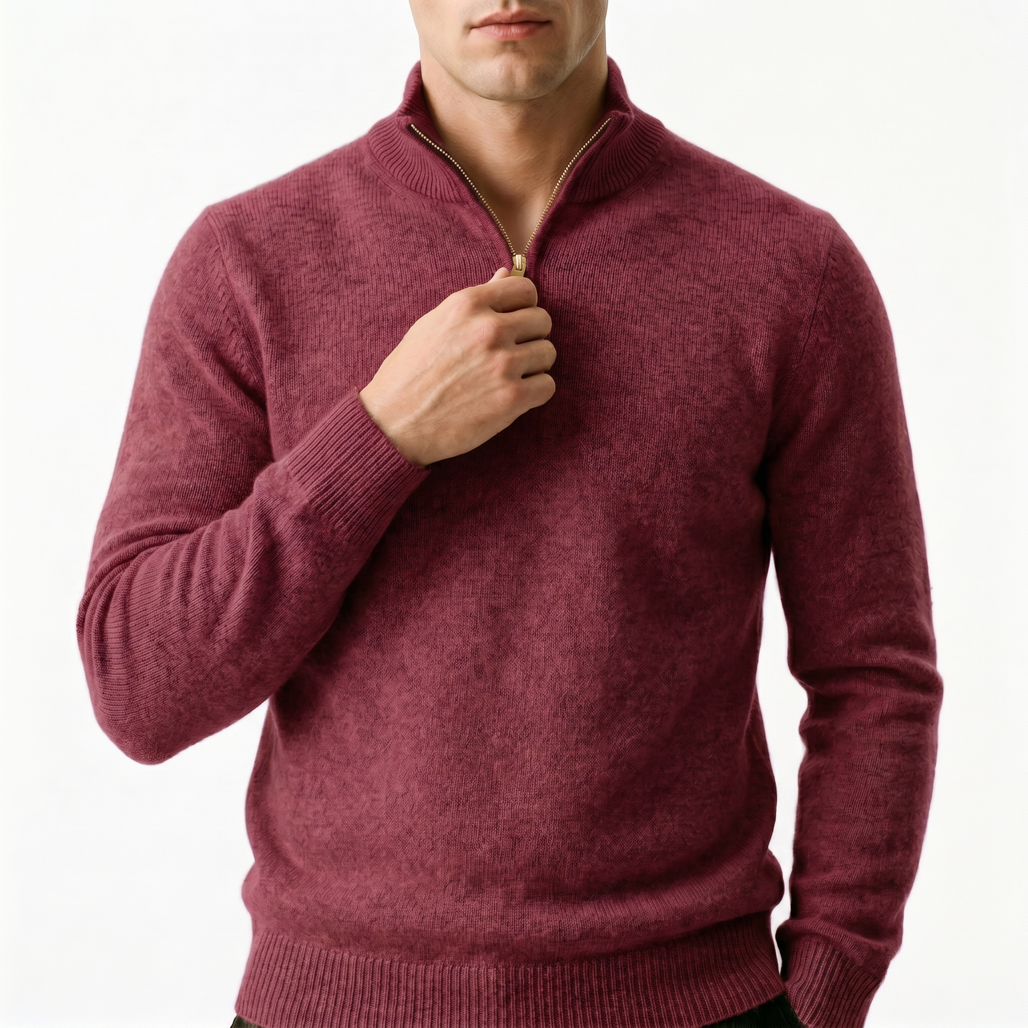 Men's quarter-zip sweater with ribbed stand collar