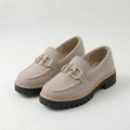 Women's beige mesh loafers with gold horsebit detail and chunky black lug soles