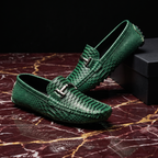 Textured loafer with metal buckle and moc toe