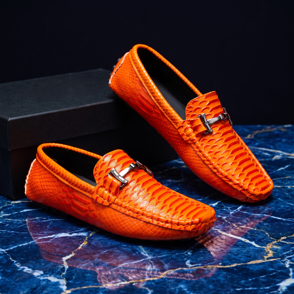 Textured loafer with metal buckle and moc toe