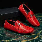 Textured loafer with metal buckle and moc toe
