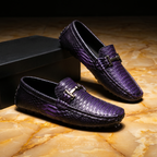 Textured loafer with metal buckle and moc toe