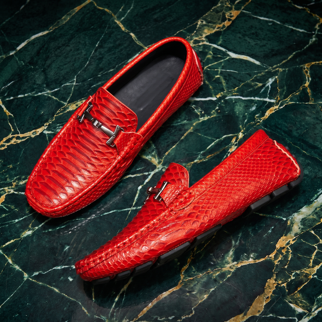 Textured loafer with metal buckle and moc toe
