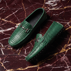 Textured loafer with metal buckle and moc toe