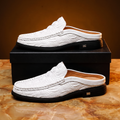 Men's crocodile-effect mule loafers with textured uppers and low layered soles