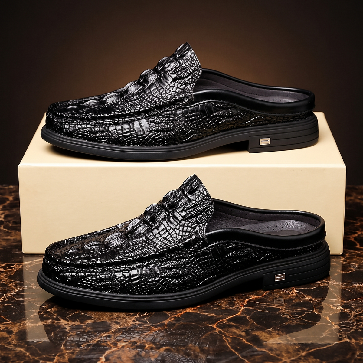 Men's crocodile-effect mule loafers with textured uppers and low layered soles
