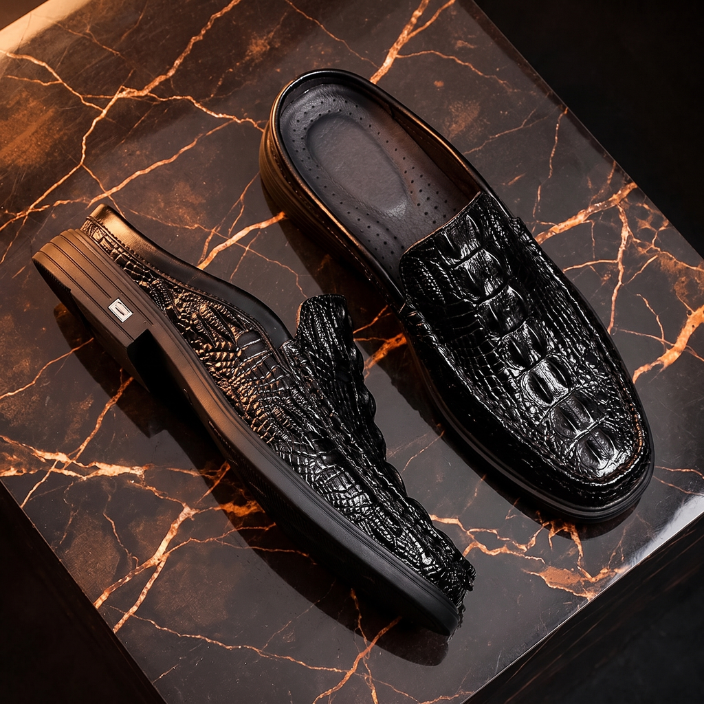 Men's crocodile-effect mule loafers with textured uppers and low layered soles