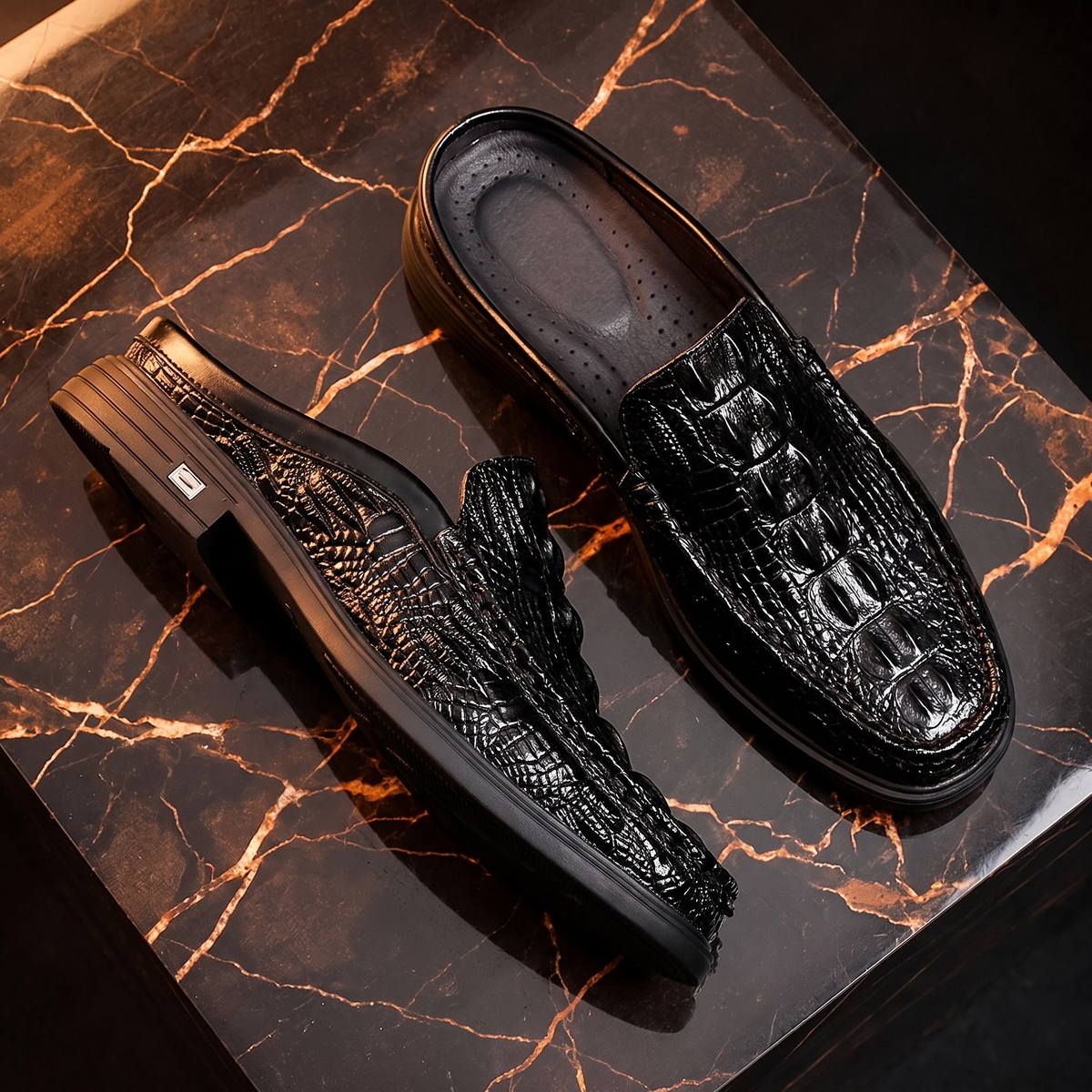 Men's crocodile-effect mule loafers with textured uppers and low layered soles
