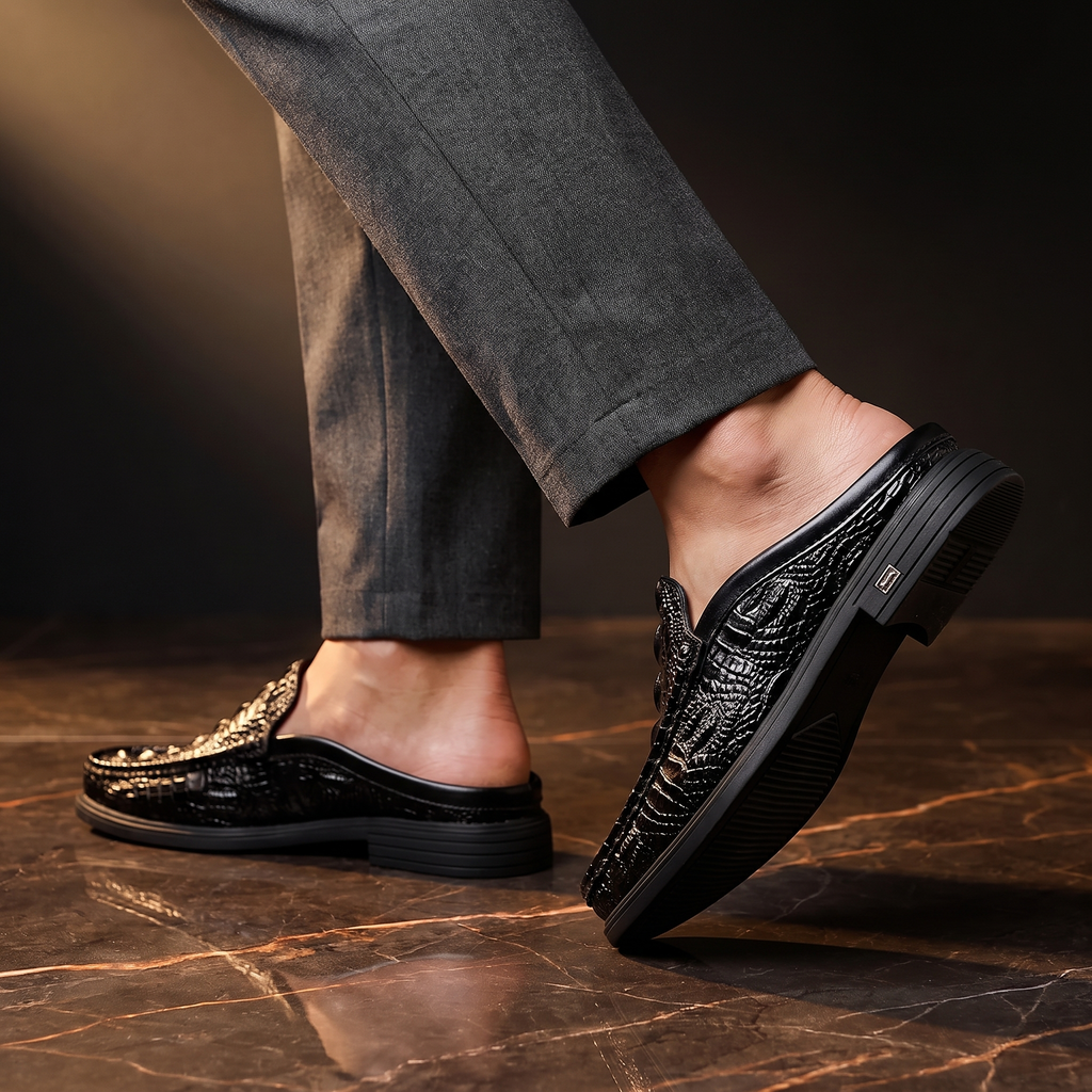 Men's crocodile-effect mule loafers with textured uppers and low layered soles