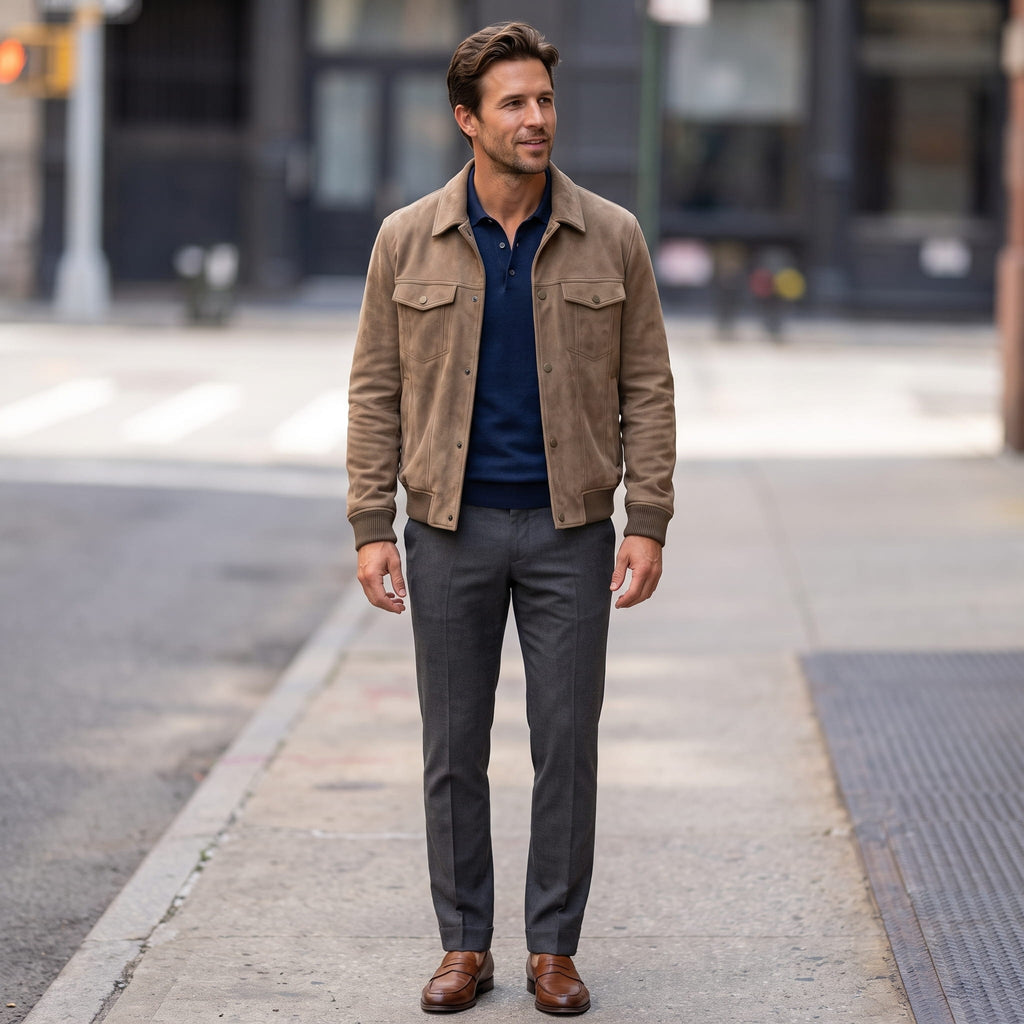 Men's trucker jacket with spread collar, snap front and utility pockets